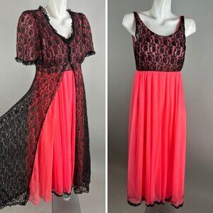 Vtg 60s Chic Parisienne Neon Coral Nightgown W/ Peignoir Robe Set Size small